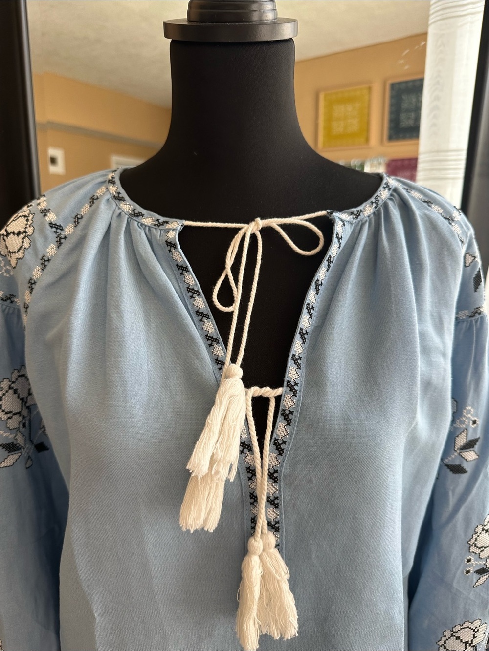Style Mafia Sky Blue Embroidered Mini Dress Women’s Size M Boho Puff Sleeve Tass - Picture 9 of 15
